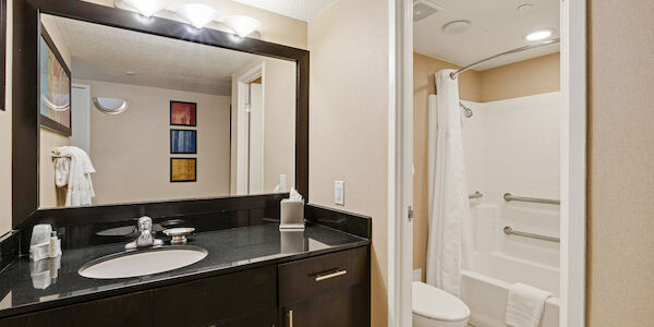 A bathroom with a sink, mirror, shower, bathtub, and toilet
