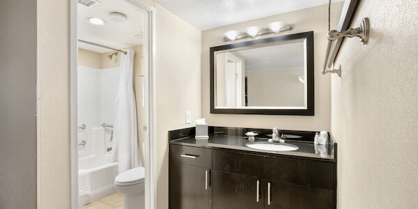 A bathroom with a sink, mirror, cabinet, shower, and toilet