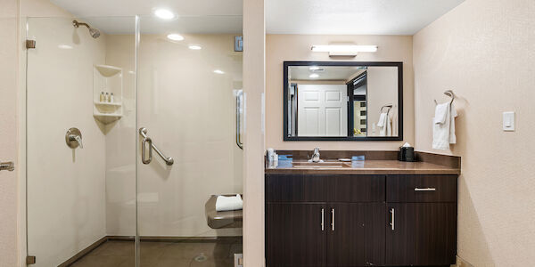 A hotel bathroom with a shower, sink, and toilet.