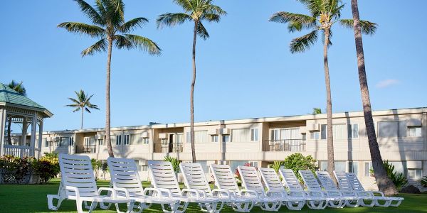 A row of white lounge chairs in front of a beige building with balconies, palm trees, and a gazebo.