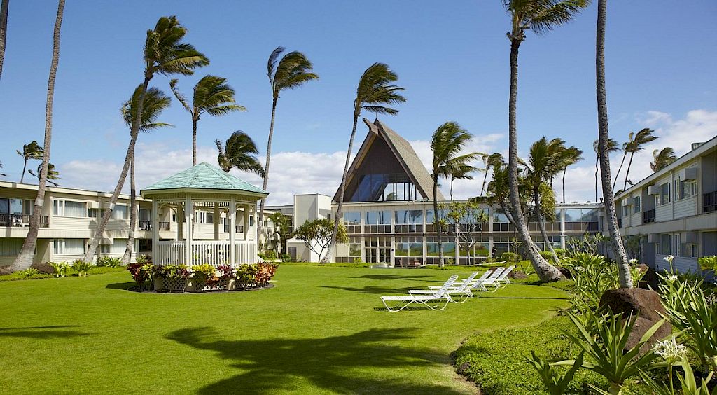 A wide view of a hotel exterior with a gazebo, lounge chairs, and palm trees on a lawn.